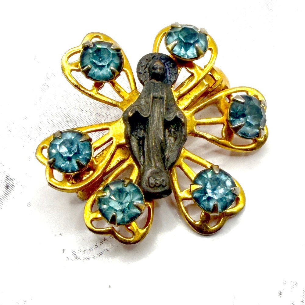 Vintage Gold‎ Tone Aqua Rhinestone Flower Brooch Pin 1830 Christian Medallion